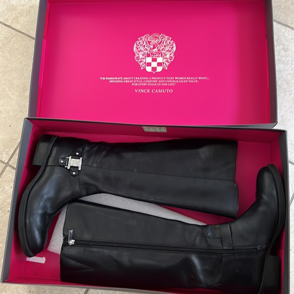 Vince Camuto Black smooth calfskin riding boots, size 7.5; very good condition
